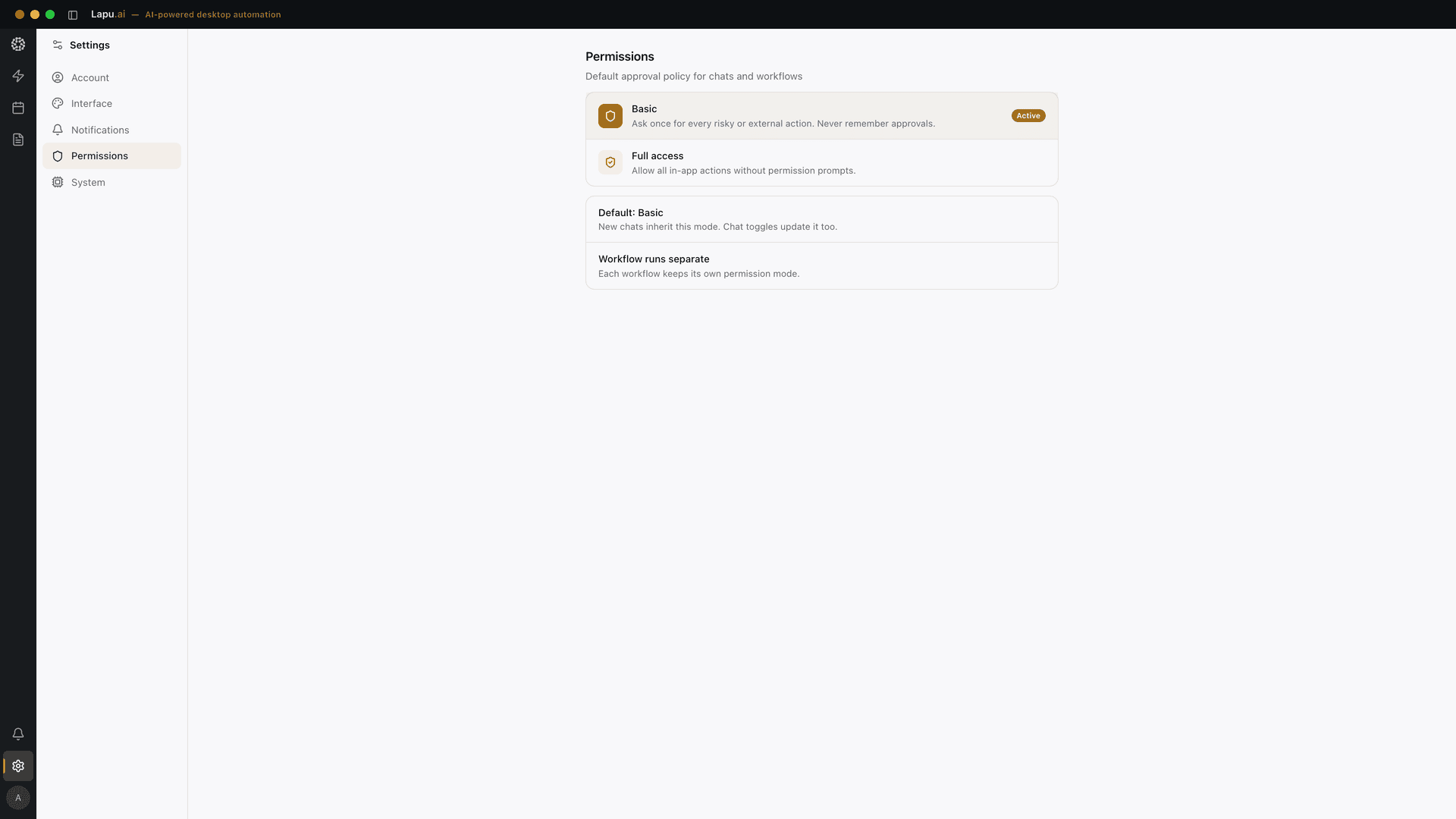 Lapu AI permission settings for risky, external and machine-level actions