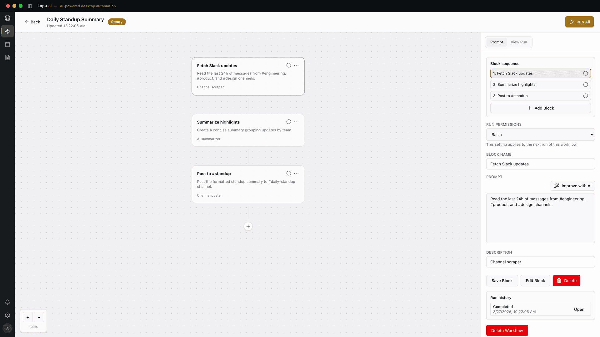 Lapu AI workflow builder with reusable automation blocks